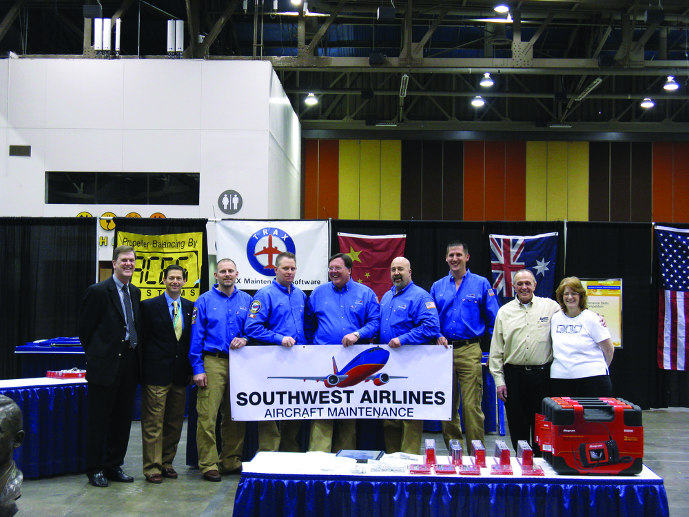 Southwest Airlines scored the fastest score of all the teams winning the William 'Bill' O'Brien Award for Excellence in Aircraft Maintenance and first place in the commercial airlines category. Team shown with Joe Chwan from Snap-on Tools who donated most of the awards, Ken MacTiernan, Tom Hendershot, and Marie O'Brien.