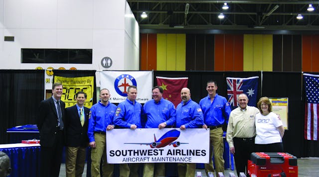 Southwest Airlines scored the fastest score of all the teams winning the William &apos;Bill&apos; O&apos;Brien Award for Excellence in Aircraft Maintenance and first place in the commercial airlines category. Team shown with Joe Chwan from Snap-on Tools who donated most of the awards, Ken MacTiernan, Tom Hendershot, and Marie O&apos;Brien.