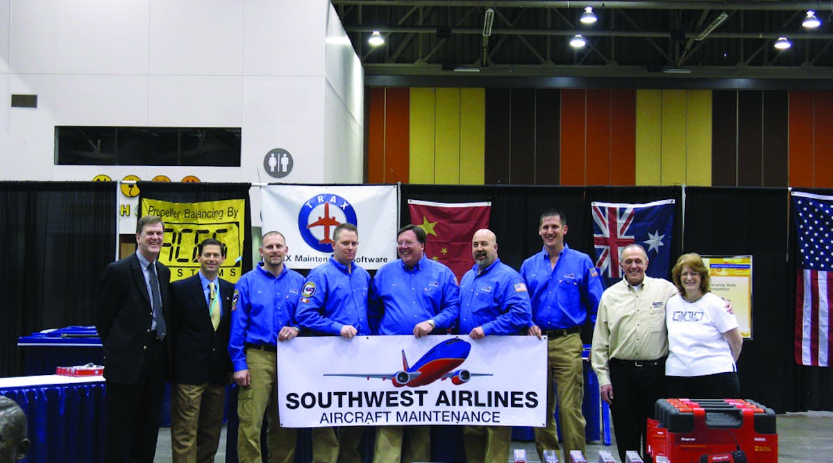 Southwest Airlines scored the fastest score of all the teams winning the William &apos;Bill&apos; O&apos;Brien Award for Excellence in Aircraft Maintenance and first place in the commercial airlines category. Team shown with Joe Chwan from Snap-on Tools who donated most of the awards, Ken MacTiernan, Tom Hendershot, and Marie O&apos;Brien.