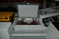A view of the electric component box assembly on a converted belt loader. A view of the electric component box assembly on a converted belt loader.