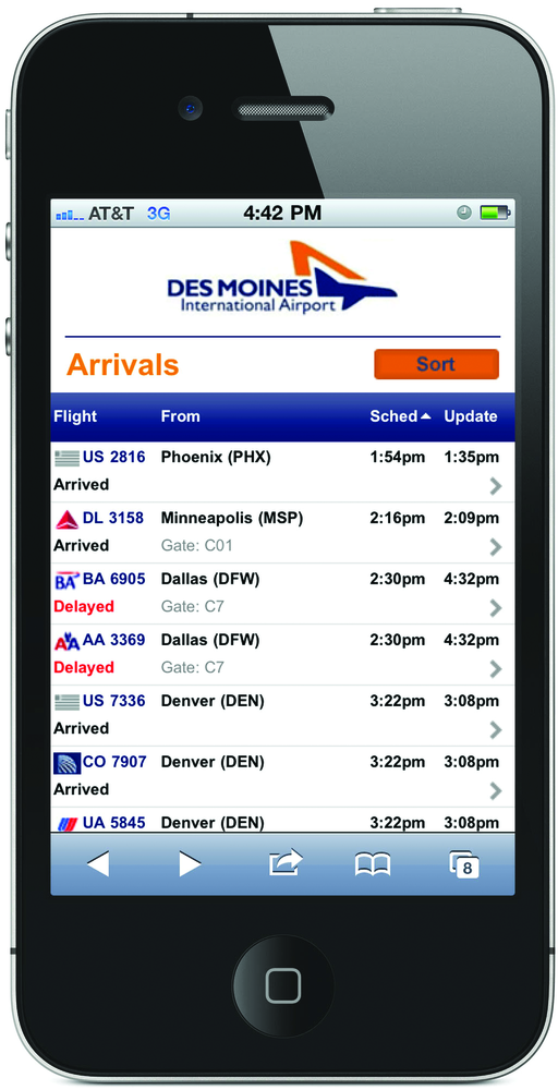 The Des Moines International Airport's mobile website, created by FlightView and launched in late April, is optimized for all major mobile platforms, including Android, iPhone, and BlackBerry.