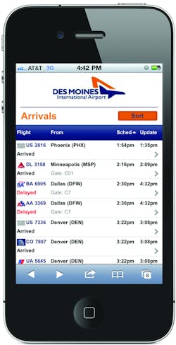 The Des Moines International Airport's mobile website, created by FlightView and launched in late April, is optimized for all major mobile platforms, including Android, iPhone, and BlackBerry. The Des Moines International Airport's mobile website, created by FlightView and launched in late April, is optimized for all major mobile platforms, including Android, iPhone, and BlackBerry.