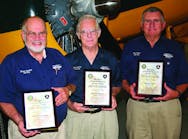 Dave Becker , of Fayetteville, GA, and Elmer Koldoff, of Peachtree City, GA, receive Charles E. Taylor Master Mechanic Awards. Also shown is Ray &apos;Pop&apos; Wilson who received the Master Pilot Award.
