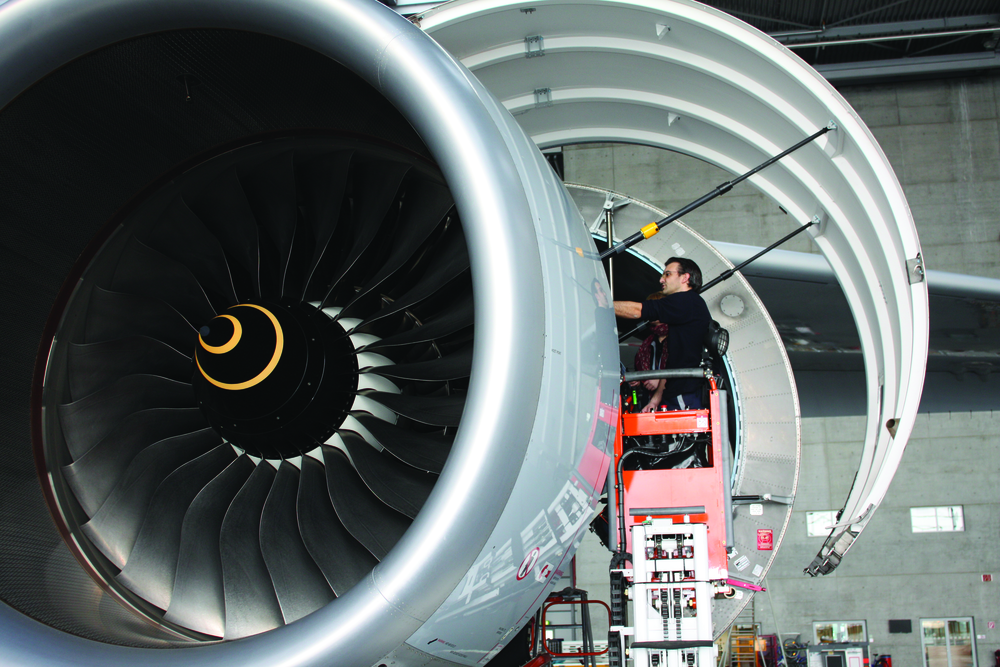 Lufthansa Technik technicians troubleshoot a No. 1 engine speed sensor fault on the A380 in Frankfurt, Germany.