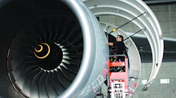 Lufthansa Technik technicians troubleshoot a No. 1 engine speed sensor fault on the A380 in Frankfurt, Germany.
