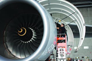 Lufthansa Technik technicians troubleshoot a No. 1 engine speed sensor fault on the A380 in Frankfurt, Germany.