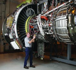 Modern turbine engines such as this GEnx engine use advanced materials for internal parts.