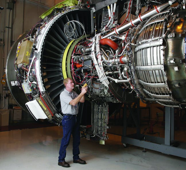 Modern turbine engines such as this GEnx engine use advanced materials for internal parts.
