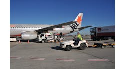 Jetstar, the Qantas low-cost subsidiary, has moved into the international market after establishing its domestic service. This flight is on a turnaround to Denpasar, Indonesia, a popular holiday destination.