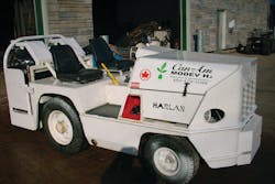 Three test tractors, like this one, powered by hydrogen are currently being tested at Montréal-Pierre Elliott Trudeau International Airport Three test tractors, like this one, powered by hydrogen are currently being tested at Montréal-Pierre Elliott Trudeau International Airport