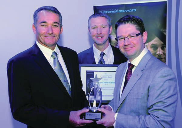 From the centre left to right: Nick Weber, Maintenance Director ExecuJet Middle East, Chris Milligan, Director, Authorized Service Facilities, Bombardier Customer Services and Eric Martel, President, Bombardier Customer Services and Specialized & Amphibious Aircraft.