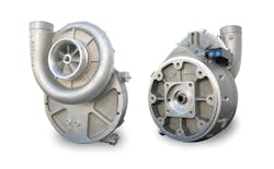 Figure 3: Modern centrifugal compressor developed for deicer vehicle application. Unit accepts direct-coupled hydraulic motor drive at 100+ HP Rating, up to 45,000 RPM impeller speed, continuous duty.