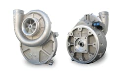 Figure 3: Modern centrifugal compressor developed for deicer vehicle application. Unit accepts direct-coupled hydraulic motor drive at 100+ HP Rating, up to 45,000 RPM impeller speed, continuous duty. Figure 3: Modern centrifugal compressor developed for deicer vehicle application. Unit accepts direct-coupled hydraulic motor drive at 100+ HP Rating, up to 45,000 RPM impeller speed, continuous duty.