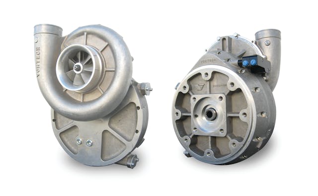 Figure 3: Modern centrifugal compressor developed for deicer vehicle application. Unit accepts direct-coupled hydraulic motor drive at 100+ HP Rating, up to 45,000 RPM impeller speed, continuous duty.