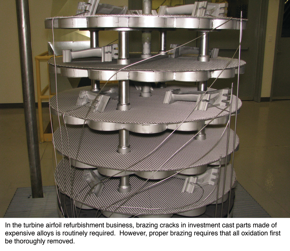 In the turbine airfoil refurbishment business, brazing cracks in investment casting parts made of expensive alloys is routinely required. Proper brazing requires all oxidation first be thoroughly removed.