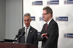 Mayor Rahm Emanuel and ThyssenKrupp North America CEO Torsten Gessner announce the relocation of the company&rsquo;s North America headquarters to Chicago.