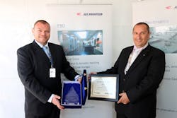 Wynand Meyer, Vendor Relations Manager, Africa, Middle East & India, Jeppesen Trip Planning Services, presenting the award to Philippe Gerard, Director FBO, Jet Aviation Dubai. Wynand Meyer, Vendor Relations Manager, Africa, Middle East & India, Jeppesen Trip Planning Services, presenting the award to Philippe Gerard, Director FBO, Jet Aviation Dubai.