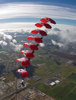 The Canadian SkyHawks in an &apos;8-stack&apos; skydive. Photo courtesy of EAA.