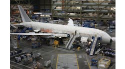 The Boeing 787 production line in Everett Washington. The use of advanced composite materials when manufacturing new-generation aircraft has dramatically increased to include major structural portions of the aircraft. Photo provided by Ron Donner.