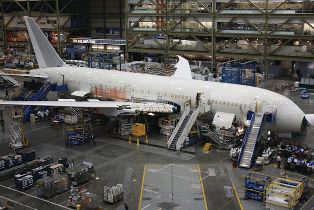 The Boeing 787 production line in Everett Washington. The use of advanced composite materials when manufacturing new-generation aircraft has dramatically increased to include major structural portions of the aircraft. Photo provided by Ron Donner.