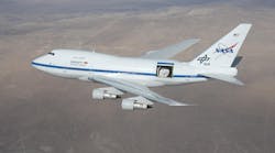 The SOFIA observatory is a German-built 100-inch (2.5 meter) diameter far-infrared telescope weighing 20 tons that is mounted in the rear fuselage of a Boeing 747SP aircraft.