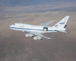 The SOFIA observatory is a German-built 100-inch (2.5 meter) diameter far-infrared telescope weighing 20 tons that is mounted in the rear fuselage of a Boeing 747SP aircraft. The SOFIA observatory is a German-built 100-inch (2.5 meter) diameter far-infrared telescope weighing 20 tons that is mounted in the rear fuselage of a Boeing 747SP aircraft.