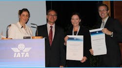 Pictured at presentation (L to R) Monika Mejstrikova and Guenther Matschnigg (both of IATA), Rebecca Boyd and David Tabb of Skystar.