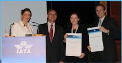 Pictured at presentation (L to R) Monika Mejstrikova and Guenther Matschnigg (both of IATA), Rebecca Boyd and David Tabb of Skystar. Pictured at presentation (L to R) Monika Mejstrikova and Guenther Matschnigg (both of IATA), Rebecca Boyd and David Tabb of Skystar.