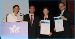 Pictured at presentation (L to R) Monika Mejstrikova and Guenther Matschnigg (both of IATA), Rebecca Boyd and David Tabb of Skystar.