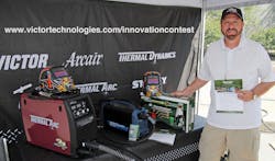 Victor Technologies&rsquo; communication manager Bill Wehrman showcases the &ldquo;Innovation to Shape the World&rdquo; contest&rsquo;s $4,000 prize package to welding students and instructors at the 2012 SkillsUSA competition in Kansas City, Mo.