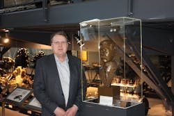 Ron Donner AMT editor and the Charles E. Taylor bust display at the Smithsonian&apos;s Steven F. Udvar-Hazy Center.