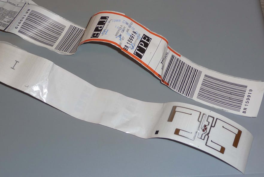 An RFID chip is incorporated into each bag tag produced for all of the airlines and it emits a unique signature which sensors detect to locate the tagged object.