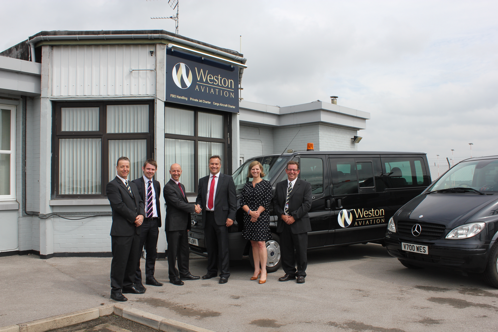 (L to R) Richard Beale, Operations, Weston Aviation, Chris Harcombe, Aviation Development Manager, Peel Airports, Steve Gill, Airport Director, Nick Weston, MD Weston Aviation, Becky Carver, GM Weston Aviation, Stuart Graseley, Station Manager, Weston Aviation
