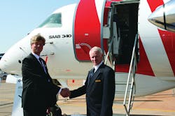 Johan Rättvall, Director Marketing & Sales, Maritime Surveillance Area, Saab (left) and Steve Bothma, Maintenance Director ExecuJet South Africa (right) celebrate the agreement. Johan Rättvall, Director Marketing & Sales, Maritime Surveillance Area, Saab (left) and Steve Bothma, Maintenance Director ExecuJet South Africa (right) celebrate the agreement.