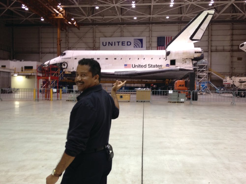 The Space Shuttle Endeavor&apos;s final flight in September included a stop in the LAX United maintenance hangar; shown with AMTSociety Director Mark Collins. It was on its way to the California Science Center (CSC).