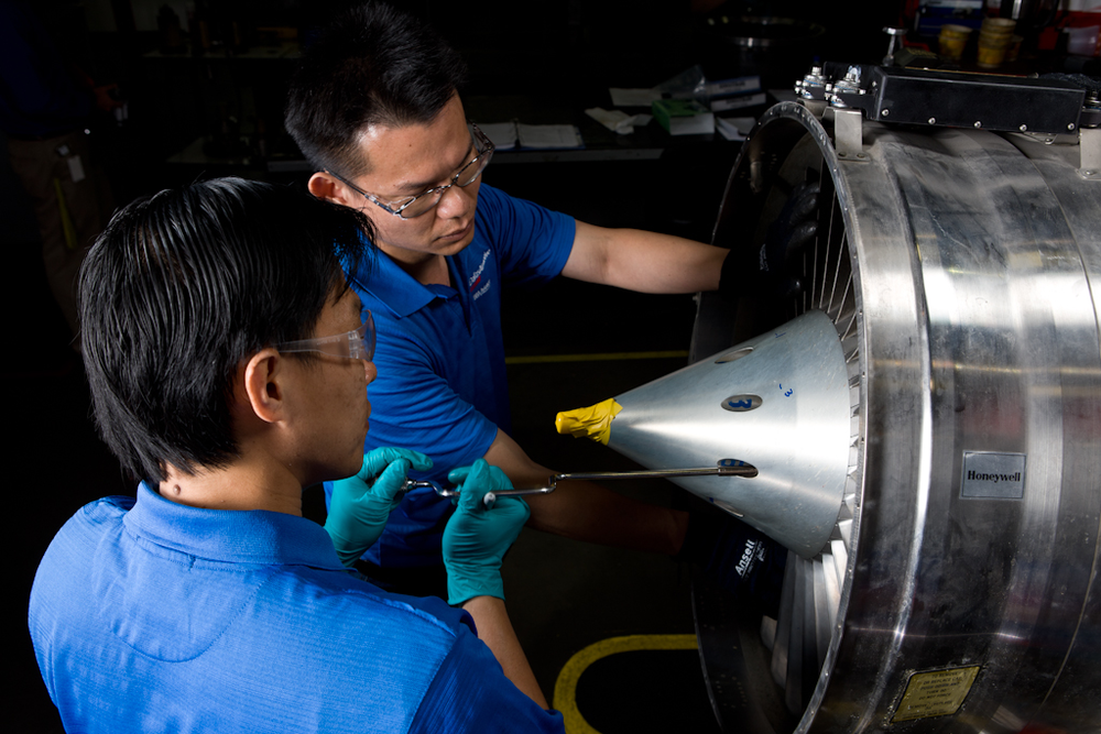 Asia Pacific, Latin America and Africa have all exhibited significant growth during the past few years. BBA Aviation Engine Repair and Overhaul (ERO) continues to expand its global sales and service team with the recent personnel additions in Asia Pacific and Africa and plans to expand its facility in Brazil. (Pictured) Engine service technicians at Dallas Airmotive&rsquo;s Singapore Regional Turbine Center work on reassembly of a TFE731 turbofan engine.
