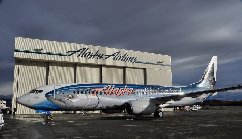 Alaska Airlines says the fish-themed Boeing 737-800 is the most intricately painted commercial aircraft in the world and celebrates the partnership of Alaska Airlines and the Alaska Seafood Marketing Institute.