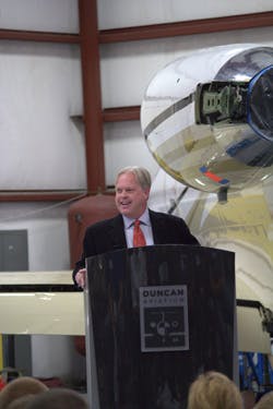 Todd Duncan, Chairman, addresses the student crowd during the aviation career day. Photo courtesy of Duncan Aviation.