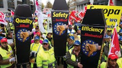 Some 2,000 ground handling workers protested against reforms to ground handling regulations outside the European Union Parliament in Brussels one day before a transport committee voted against the measures.