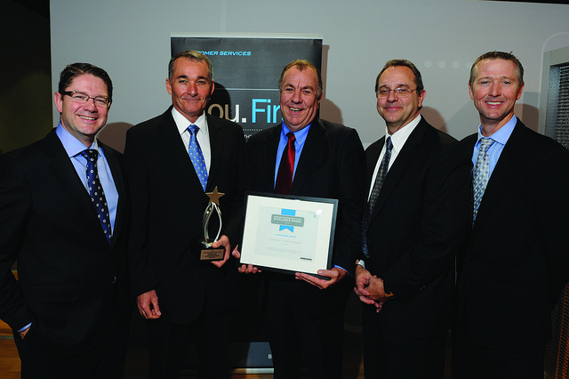 From left to right: Eric Martel. President Bombardier Customer Services Nick Weber, Maintenance Director ExecuJet Middle East Graeme Duckworth, Maintenance Director ExecuJet Aviation Group Stan Younger, VP Aircraft Service Centres Bombardier Aerospace Chris Milligan, Director, Authorized Service Facilities, Bombardier Customer Services