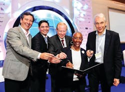 The signers of the Joint Declaration are (left to right): Alex de Gunten, ALTA&acute;s Executive Director, Javier Vanegas, CANSO&acute;s Director Latin America &amp; Caribbean Affairs, Philippe Baril, ACI/LAC&acute;s President, Angela Gittens, ACI&acute;s Director General and Tony Tyler, IATA&acute;s Director General and CEO.