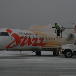 ATS crews deices Air Canada Jazz jet with new Kilfrost DFSustain at Lambert-St. Louis International Airport.