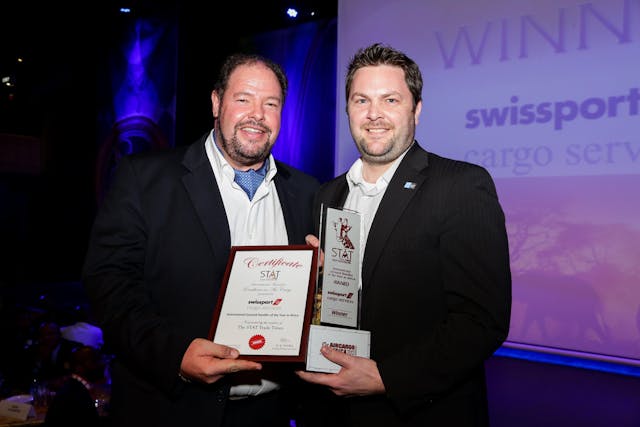 John Batten, executive vice president, cargo services and Steven Polmans, Brussels cargo airport director, Swissport, at last month&apos;s awards banquet held at the Air Cargo Africa 2013 exhibition and conference in Johannesburg, South Africa