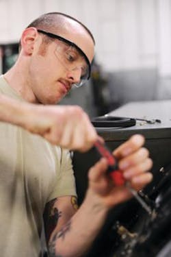 U.S. Air Force Senior Airman Robert Kitchens, 354th Maintenance Squadron aerospace ground equipment mechanic, installs a blower pressure gauge on a cabin leakage tester at Eielson Air Force Base, Alaska. The cabin leakage tester provides a means of pressurizing and automatically measuring the leakage rate of an aircraft cabin. U.S. Air Force Senior Airman Robert Kitchens, 354th Maintenance Squadron aerospace ground equipment mechanic, installs a blower pressure gauge on a cabin leakage tester at Eielson Air Force Base, Alaska. The cabin leakage tester provides a means of pressurizing and automatically measuring the leakage rate of an aircraft cabin.