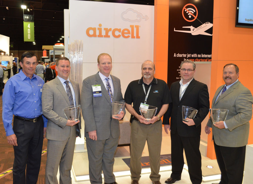 Representatives receiving the Aircell 51,000 Five award for top dealer performance in 2012, pictured (l/r): Bill Darbe, Aircell; Stephen Maiden, Constant Aviation; David Loso, Jet Aviation; Frank Correro, StandardAero; Eric Stuck, Gulfstream Aerospace Corp.; and Gary Harpster, Duncan Aviation.