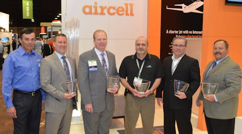 Representatives receiving the Aircell 51,000 Five award for top dealer performance in 2012, pictured (l/r): Bill Darbe, Aircell; Stephen Maiden, Constant Aviation; David Loso, Jet Aviation; Frank Correro, StandardAero; Eric Stuck, Gulfstream Aerospace Corp.; and Gary Harpster, Duncan Aviation.