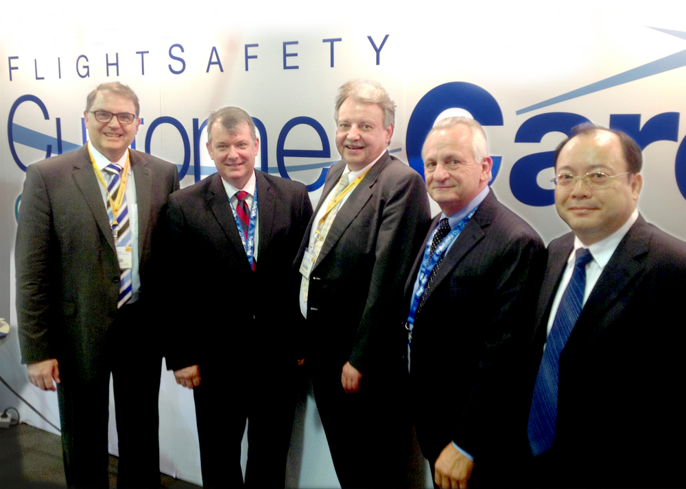 Left to right are Andreas Kaden, Managing Director, Lufthansa Technical Training; Mark Malkosky, Assistant Director, Maintenance Training Business Development, FlightSafety International; Rainer Gruenzfelder, General Manager, Lufthansa HNA Technical Training; Mike Lee, Director, Maintenance Training Business Development, FlightSafety International; Jimmy Guo, Deputy General Manager, Lufthansa HNA Technical Training.