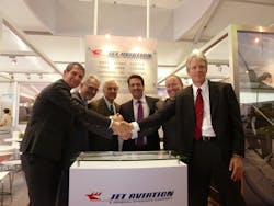 (Left to Right): Stefan Benz, Jet Aviation&apos;s VP of MRO and FBO Services, EMEA and Asia; Gary Dolski, VP and General Manager of Jet Aviation Singapore; Dan Clare, President, Jet Aviation Group; Sean McGeough, President, Nextant Aerospace; Jay Heublein, Executive VP, Global Sales and Marketing, Nextant Aerospace; Marc O&apos;Donnell, Executive VP Operations, Nextant Aerospace
