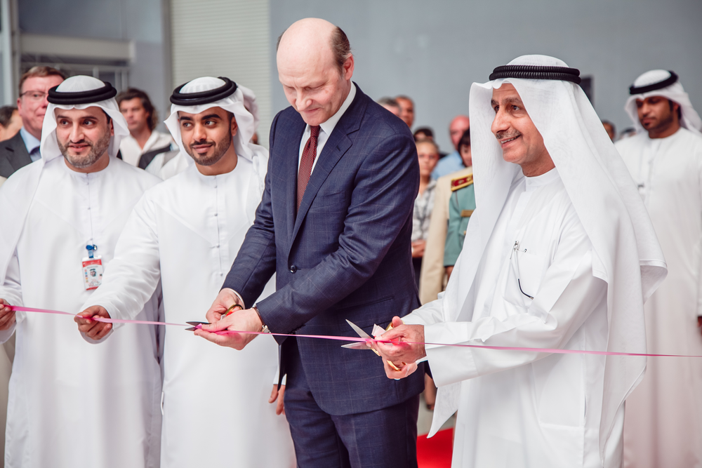 (from left to right): - Director General of Sharjah Airport Authority, H.E. Ali Salim Al Midfa - Director General of the Department of Civil Aviation, H.E. Sheikh Khalid bin Essam Al Qasimi - Senior Vice President of Volga-Dnepr Group, Sergey Shklyanik - Chairman Sharjah Airport Authority ,and H.E. Dr. Ghanem Mohammed Al Hajri