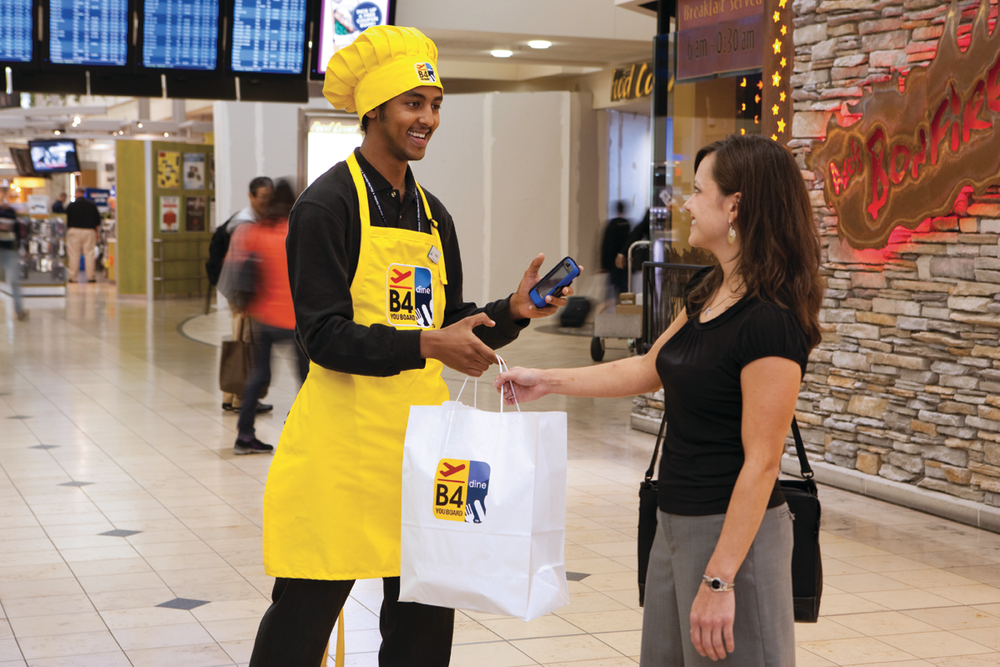 B4 YOU BOARD is an HMSHost concessions program that allows travelers to order a meal on-the-go and pick it up at a designated station on their way to the gate.
